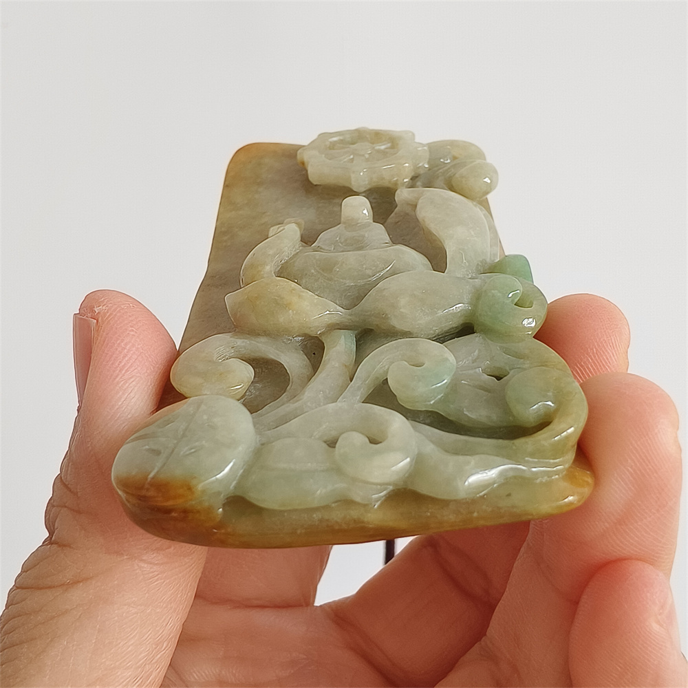 Unique Certificated Natural Type A Untreated 82X43X13mm Yellow Green Burmese Jadeite Rectangle Pendant With Lotus Carved,悟道Pendant Necklace