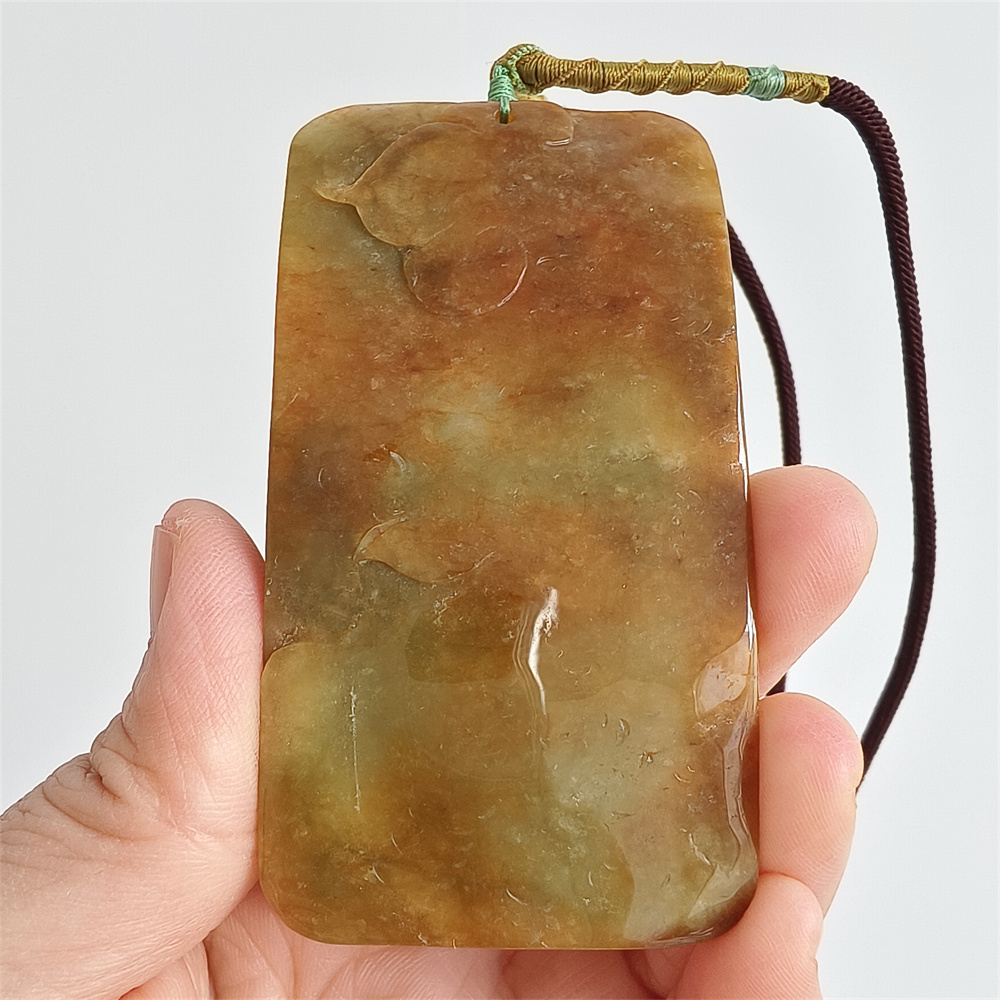 Unique Certificated Natural Type A Untreated 82X43X13mm Yellow Green Burmese Jadeite Rectangle Pendant With Lotus Carved,悟道Pendant Necklace