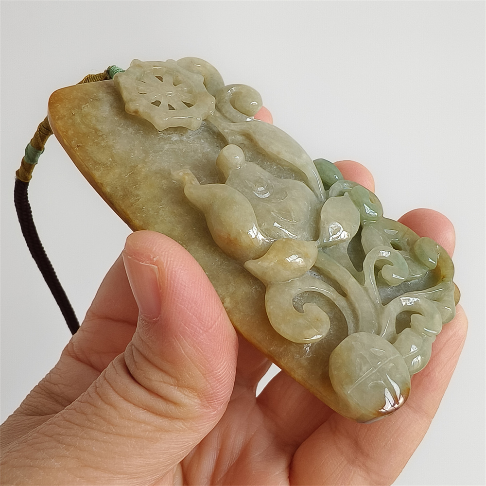 Unique Certificated Natural Type A Untreated 82X43X13mm Yellow Green Burmese Jadeite Rectangle Pendant With Lotus Carved,悟道Pendant Necklace