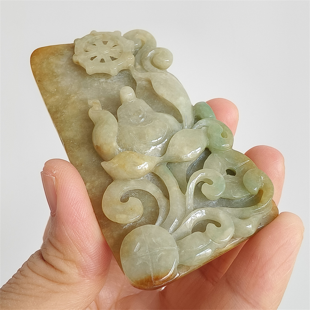 Unique Certificated Natural Type A Untreated 82X43X13mm Yellow Green Burmese Jadeite Rectangle Pendant With Lotus Carved,悟道Pendant Necklace