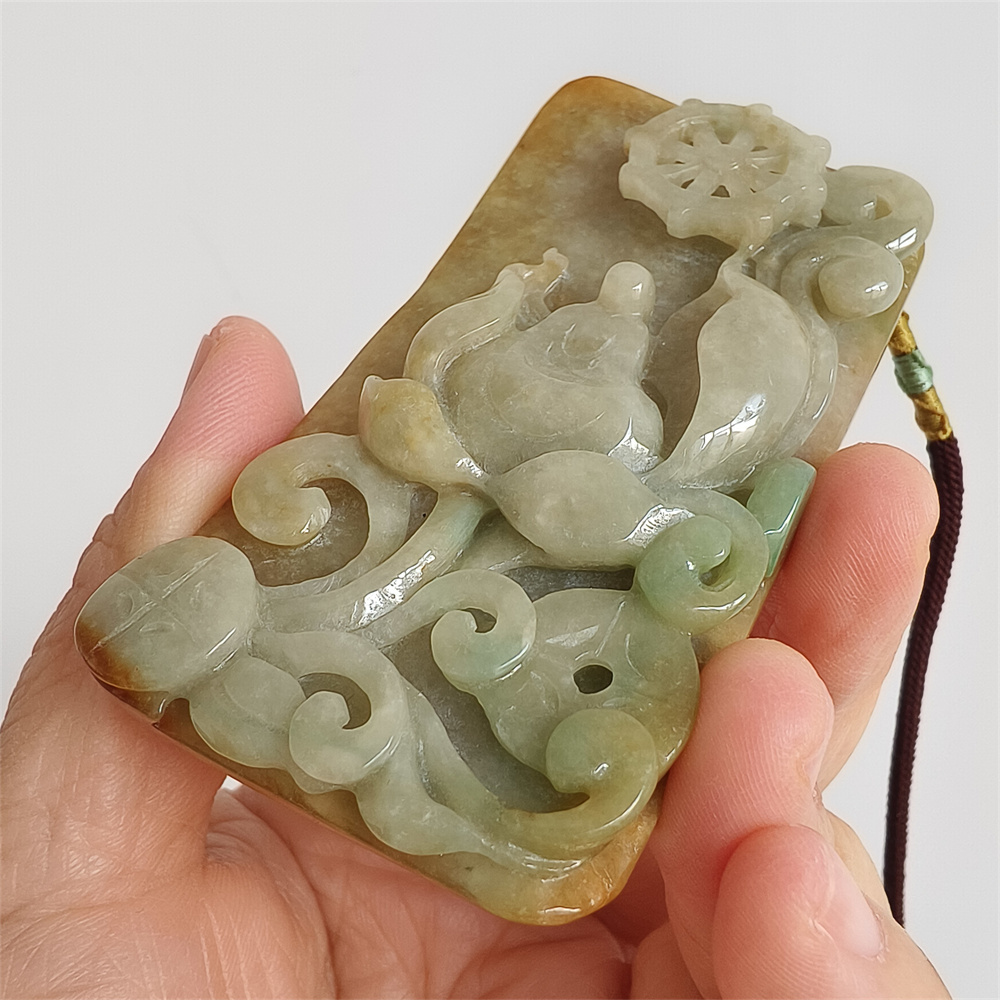 Unique Certificated Natural Type A Untreated 82X43X13mm Yellow Green Burmese Jadeite Rectangle Pendant With Lotus Carved,悟道Pendant Necklace
