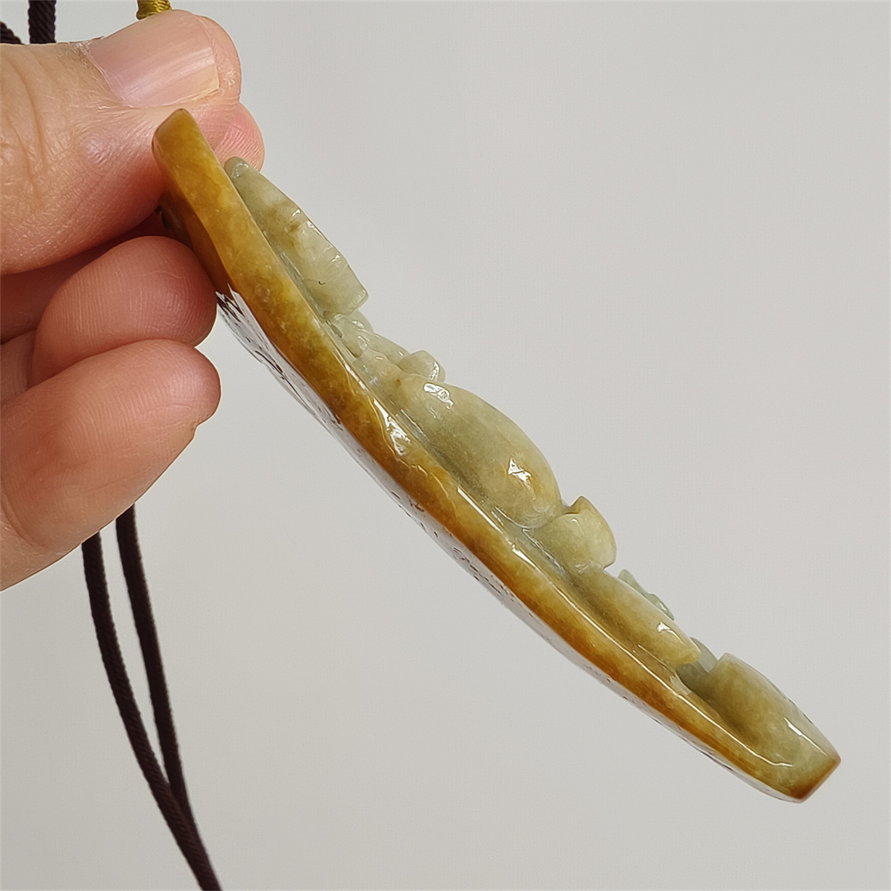 Unique Certificated Natural Type A Untreated 82X43X13mm Yellow Green Burmese Jadeite Rectangle Pendant With Lotus Carved,悟道Pendant Necklace