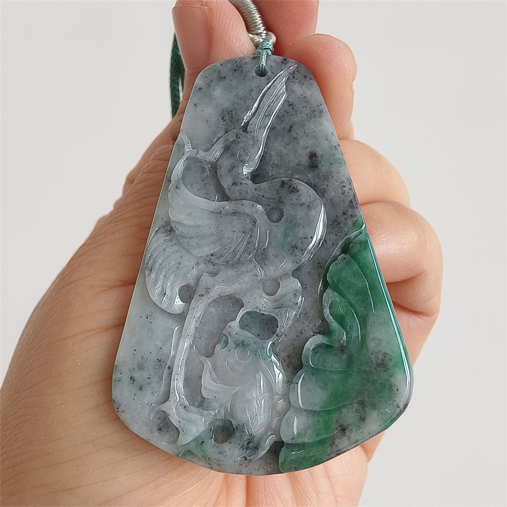 Unique Certificated Natural Type A Untreated 61X40X5mm Gray Green Burmese Jadeite Trapezoid Pendant With Bird And Fish Carved,Amulet Pendant Pendant