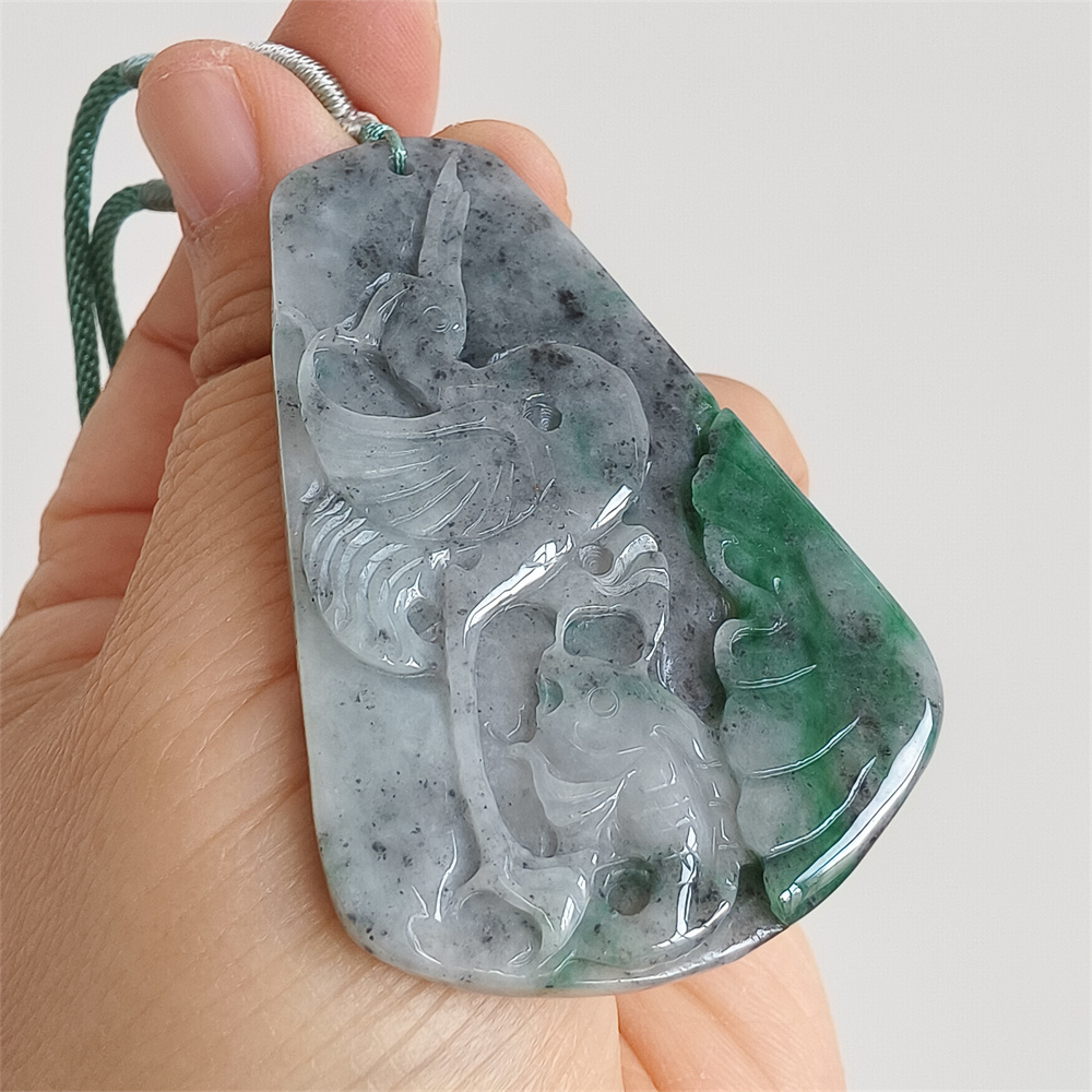 Unique Certificated Natural Type A Untreated 61X40X5mm Gray Green Burmese Jadeite Trapezoid Pendant With Bird And Fish Carved,Amulet Pendant Pendant