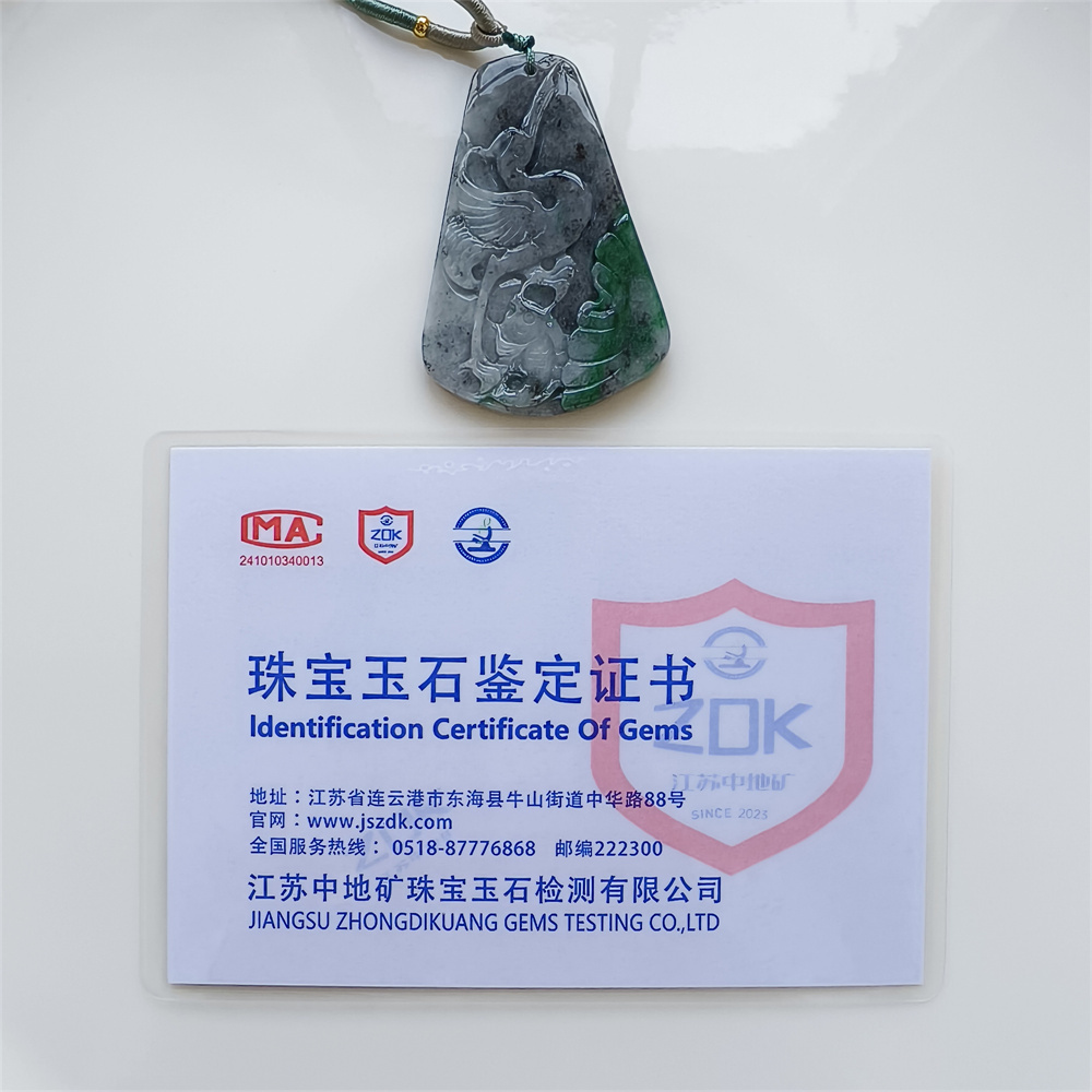 Unique Certificated Natural Type A Untreated 61X40X5mm Gray Green Burmese Jadeite Trapezoid Pendant With Bird And Fish Carved,Amulet Pendant Pendant