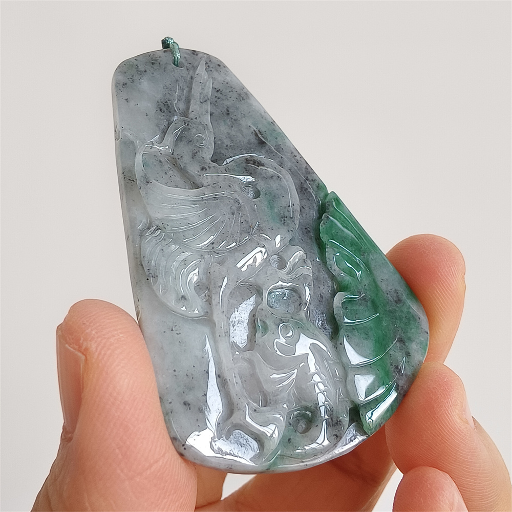 Unique Certificated Natural Type A Untreated 61X40X5mm Gray Green Burmese Jadeite Trapezoid Pendant With Bird And Fish Carved,Amulet Pendant Pendant