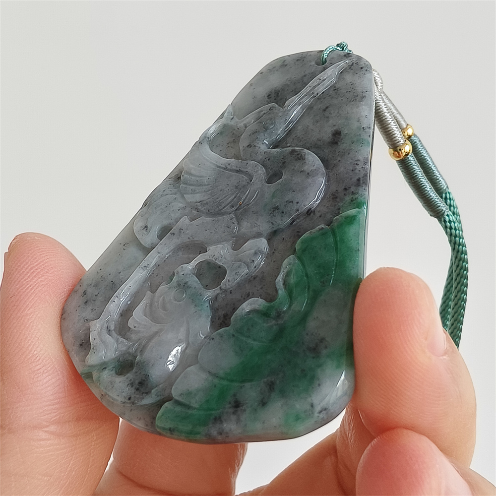 Unique Certificated Natural Type A Untreated 61X40X5mm Gray Green Burmese Jadeite Trapezoid Pendant With Bird And Fish Carved,Amulet Pendant Pendant