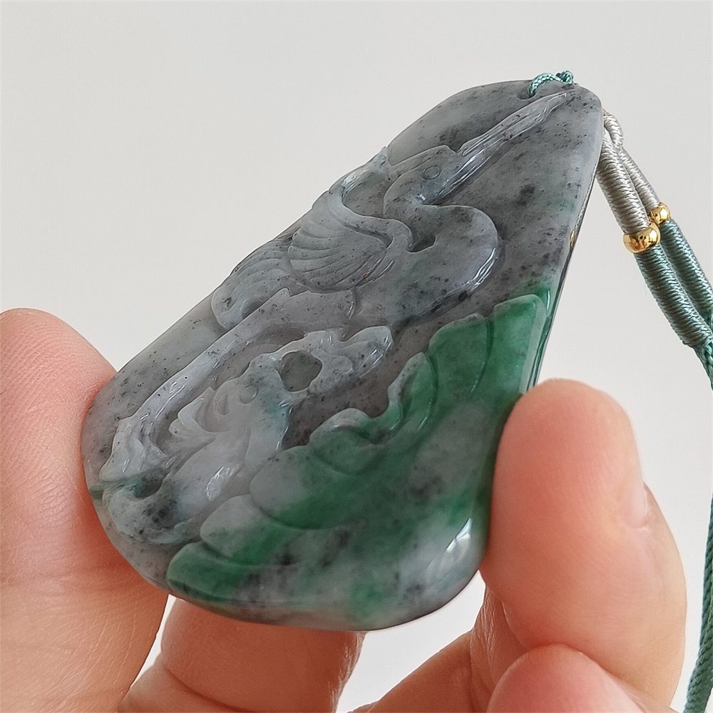 Unique Certificated Natural Type A Untreated 61X40X5mm Gray Green Burmese Jadeite Trapezoid Pendant With Bird And Fish Carved,Amulet Pendant Pendant