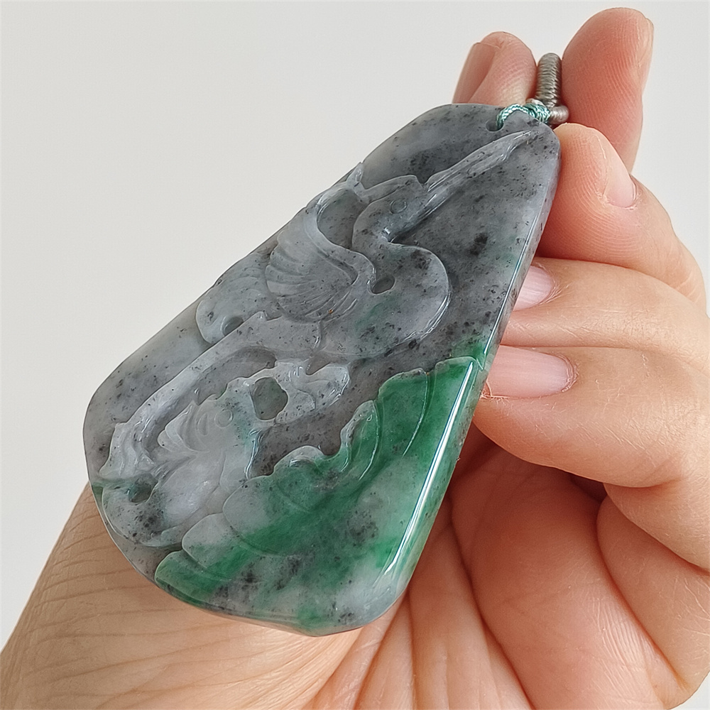 Unique Certificated Natural Type A Untreated 61X40X5mm Gray Green Burmese Jadeite Trapezoid Pendant With Bird And Fish Carved,Amulet Pendant Pendant