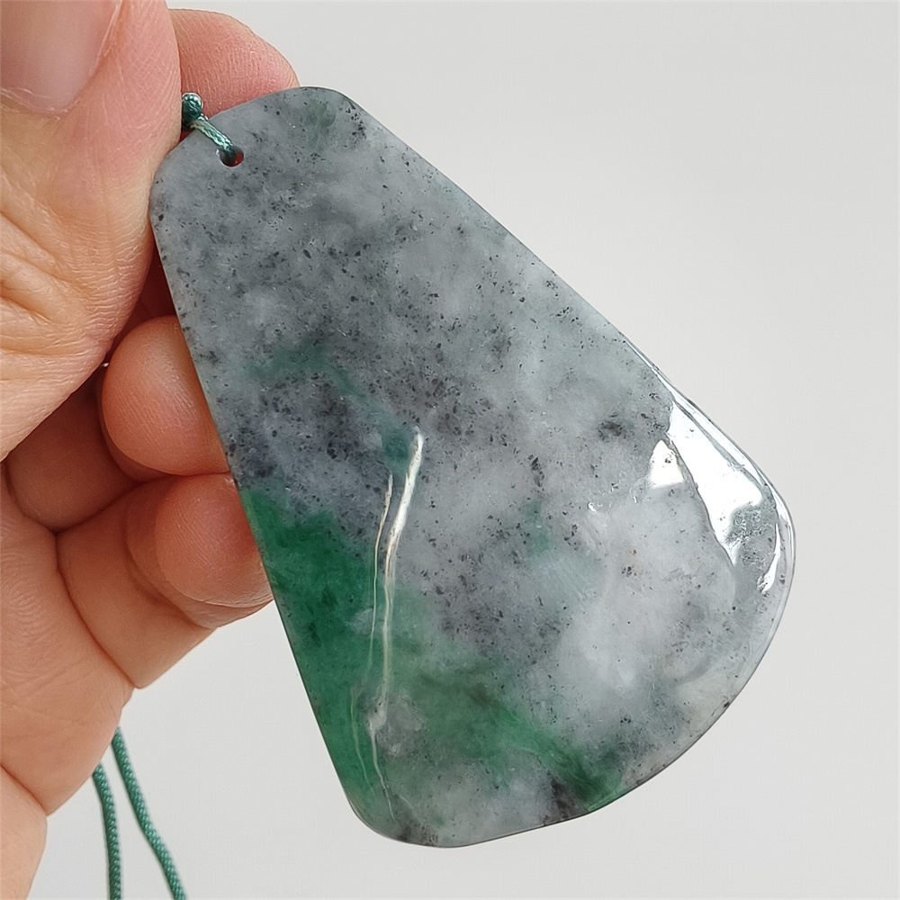 Unique Certificated Natural Type A Untreated 61X40X5mm Gray Green Burmese Jadeite Trapezoid Pendant With Bird And Fish Carved,Amulet Pendant Pendant