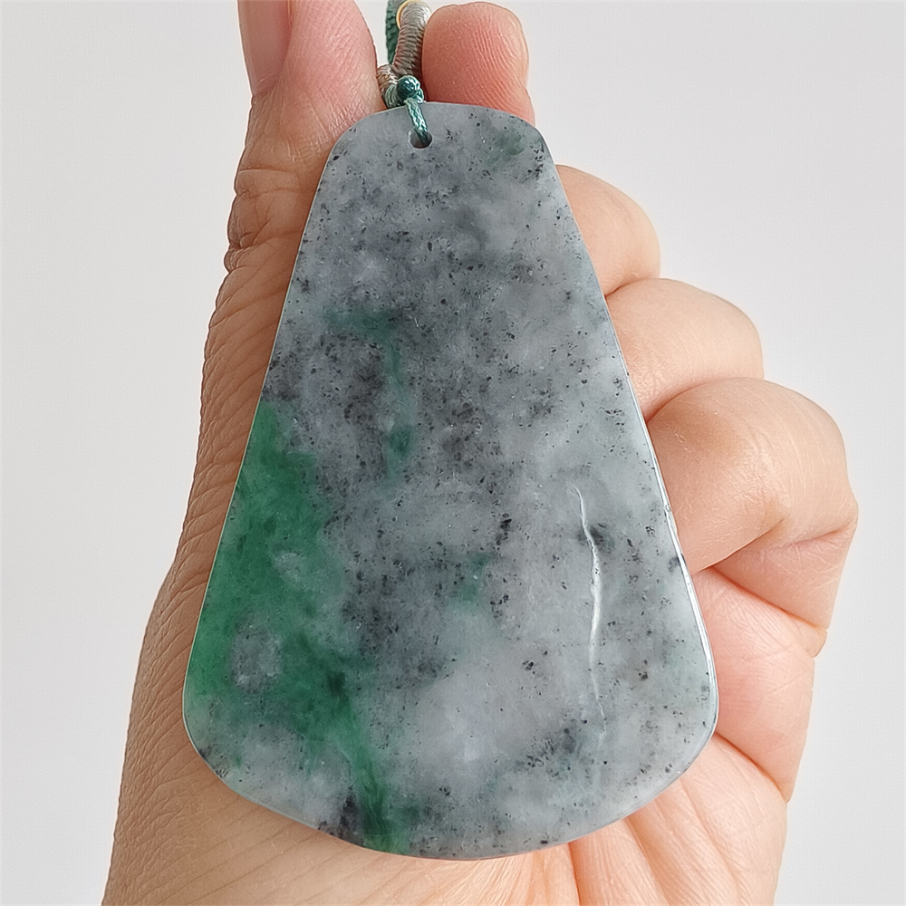 Unique Certificated Natural Type A Untreated 61X40X5mm Gray Green Burmese Jadeite Trapezoid Pendant With Bird And Fish Carved,Amulet Pendant Pendant