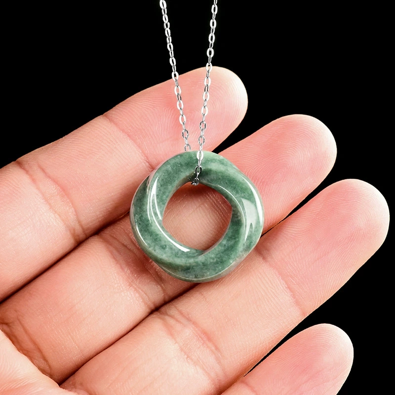 Unique Certificated Natural Type A Untreated 19.5-25mm Bean Green Burmese Jadeite Round Rings Pendant ,Myanmar Jadeite Pendant