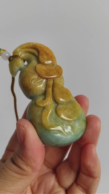 Unique Certificated Natural Hand Carved Yellow Color Heated 75X37X24mm Burmese Jadeite Gourd Pendant,Yellow Jadeite Pendant Necklace
