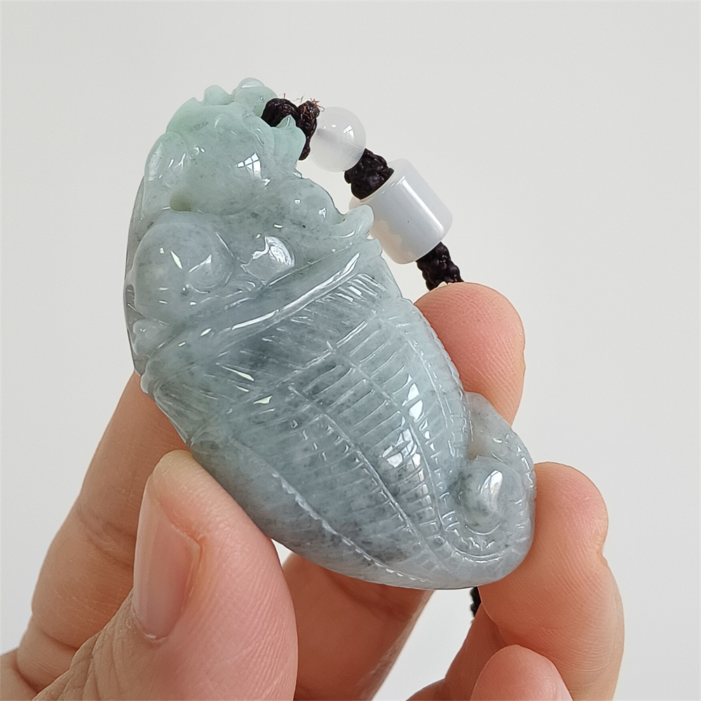 Unique Certificated Natural Type A Untreated 50X24X12mm Green Gray Burmese Jadeite Dragon Tooth Pendant With Qilin Carved,Amulet Pendant Necklace