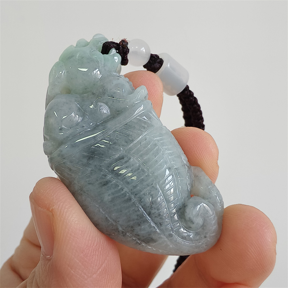 Unique Certificated Natural Type A Untreated 50X24X12mm Green Gray Burmese Jadeite Dragon Tooth Pendant With Qilin Carved,Amulet Pendant Necklace