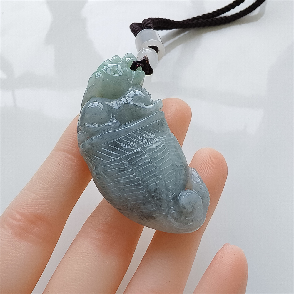 Unique Certificated Natural Type A Untreated 50X24X12mm Green Gray Burmese Jadeite Dragon Tooth Pendant With Qilin Carved,Amulet Pendant Necklace