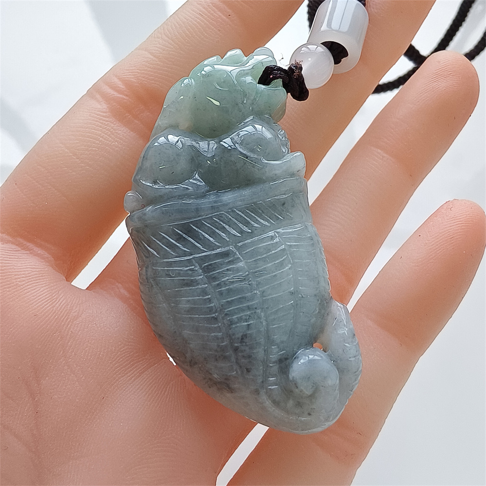 Unique Certificated Natural Type A Untreated 50X24X12mm Green Gray Burmese Jadeite Dragon Tooth Pendant With Qilin Carved,Amulet Pendant Necklace