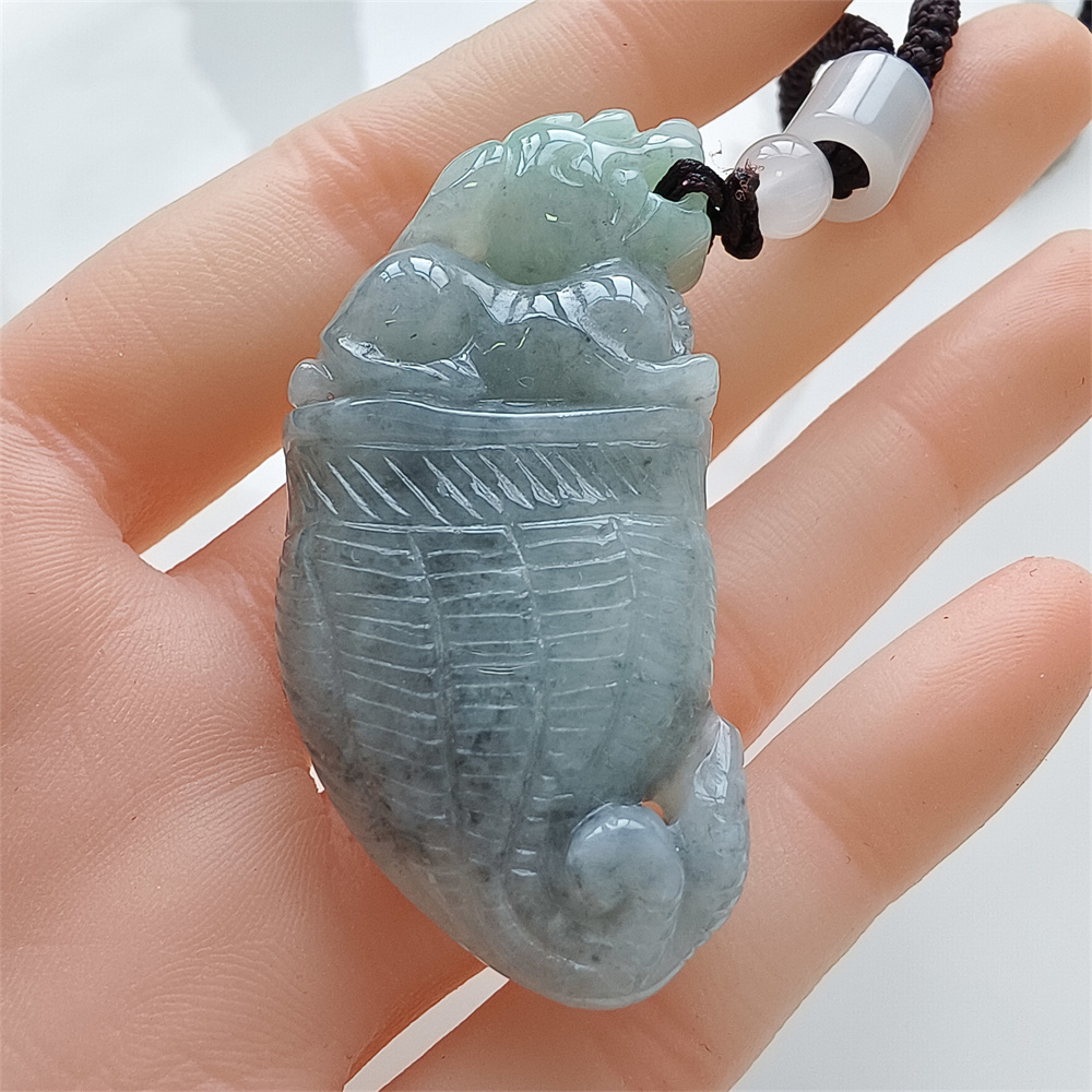 Unique Certificated Natural Type A Untreated 50X24X12mm Green Gray Burmese Jadeite Dragon Tooth Pendant With Qilin Carved,Amulet Pendant Necklace