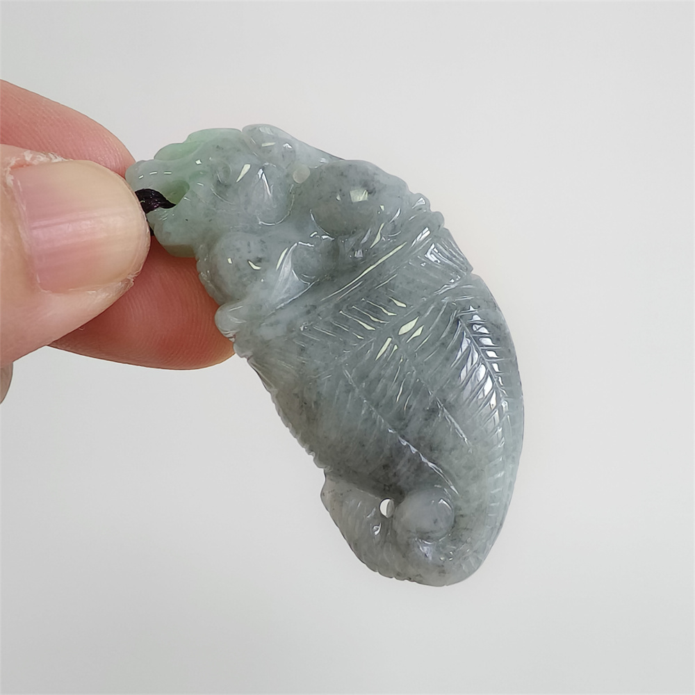 Unique Certificated Natural Type A Untreated 50X24X12mm Green Gray Burmese Jadeite Dragon Tooth Pendant With Qilin Carved,Amulet Pendant Necklace