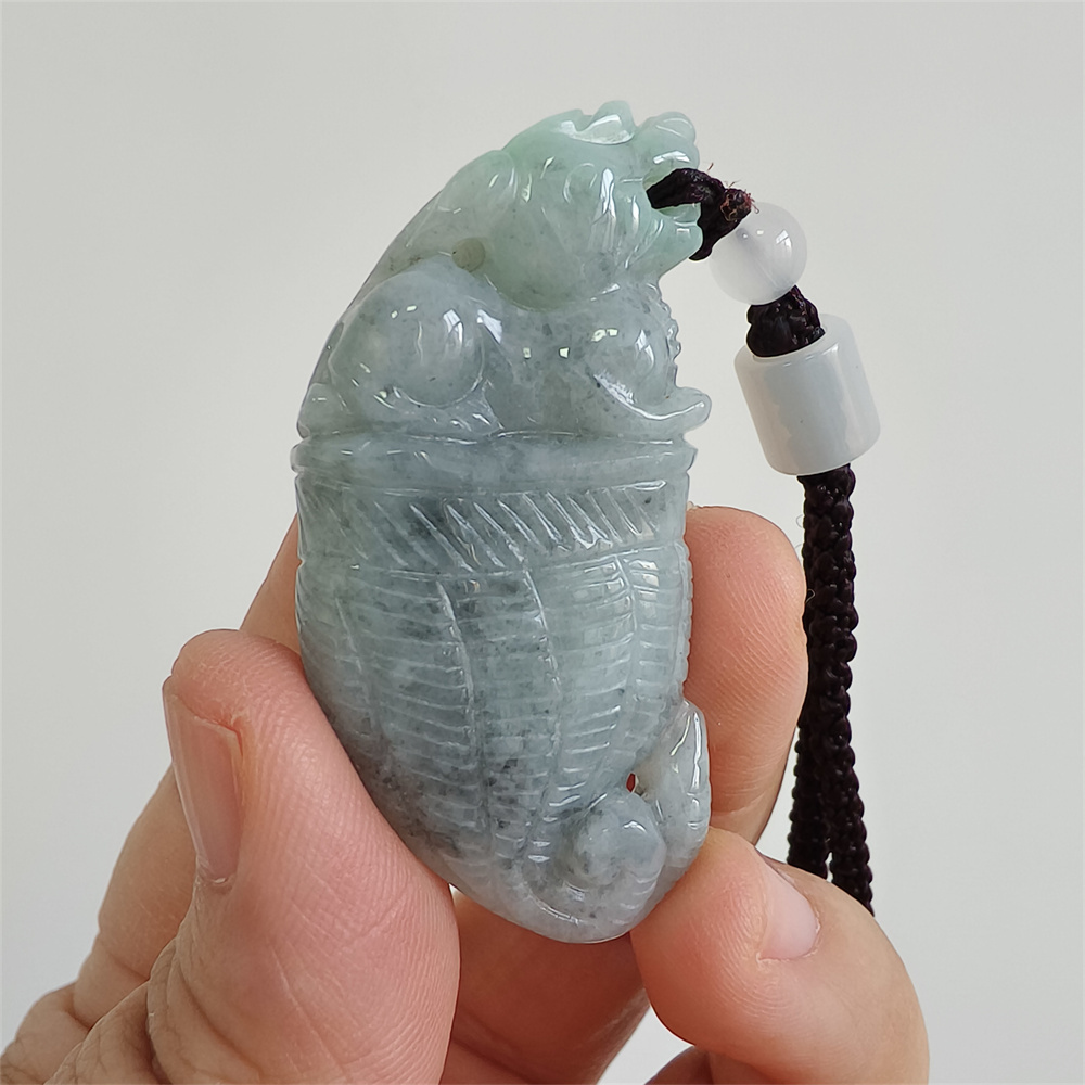 Unique Certificated Natural Type A Untreated 50X24X12mm Green Gray Burmese Jadeite Dragon Tooth Pendant With Qilin Carved,Amulet Pendant Necklace