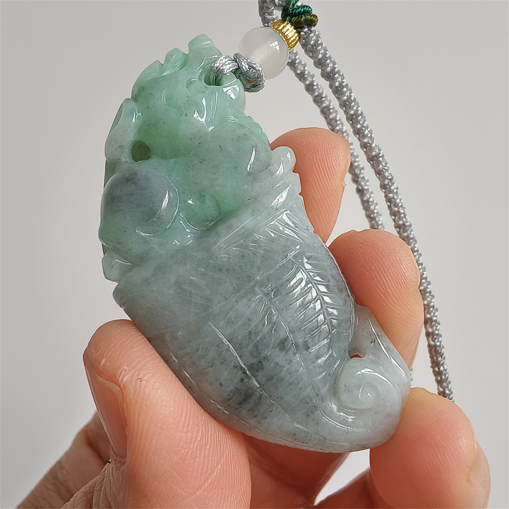 Unique Certificated Natural Type A Untreated 53X25X12mm Green Gray Burmese Jadeite Dragon Tooth Pendant With Qilin Carved,Amulet Pendant Necklace