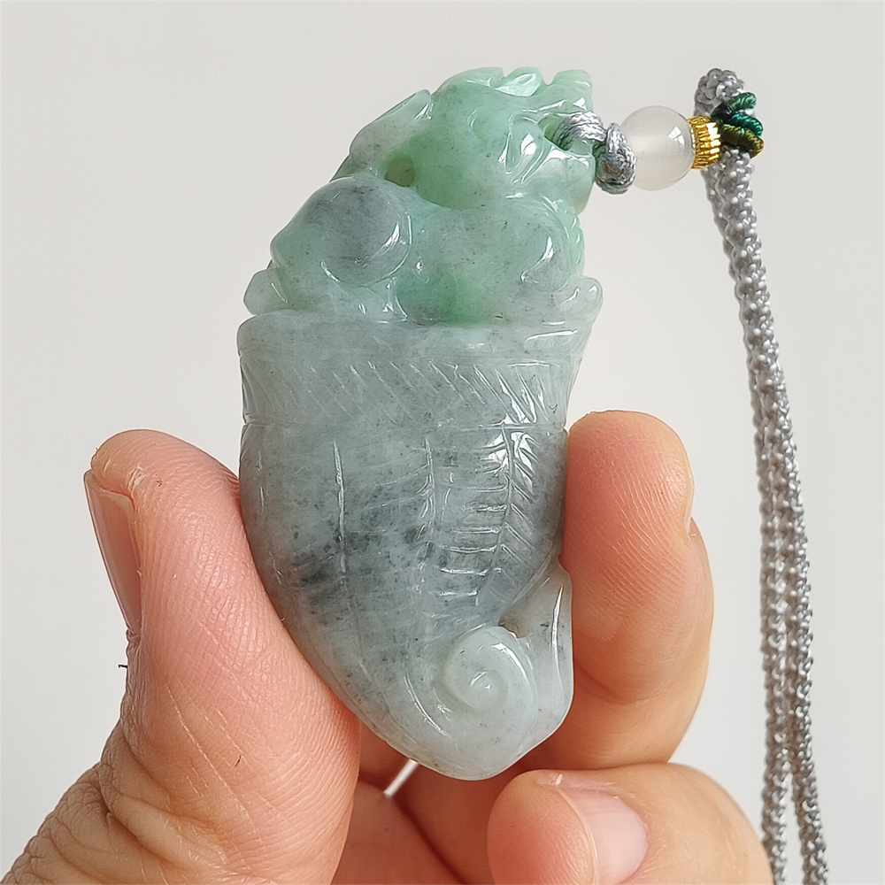 Unique Certificated Natural Type A Untreated 53X25X12mm Green Gray Burmese Jadeite Dragon Tooth Pendant With Qilin Carved,Amulet Pendant Necklace