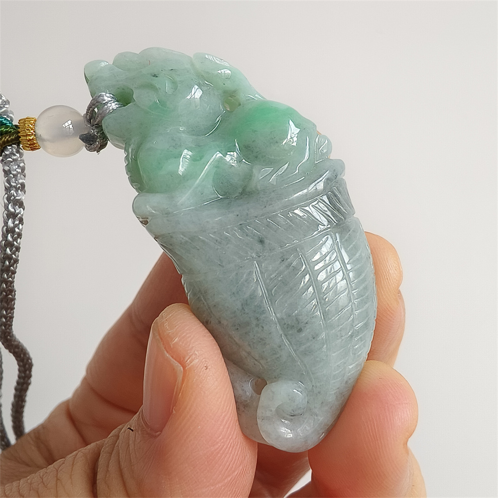 Unique Certificated Natural Type A Untreated 53X25X12mm Green Gray Burmese Jadeite Dragon Tooth Pendant With Qilin Carved,Amulet Pendant Necklace