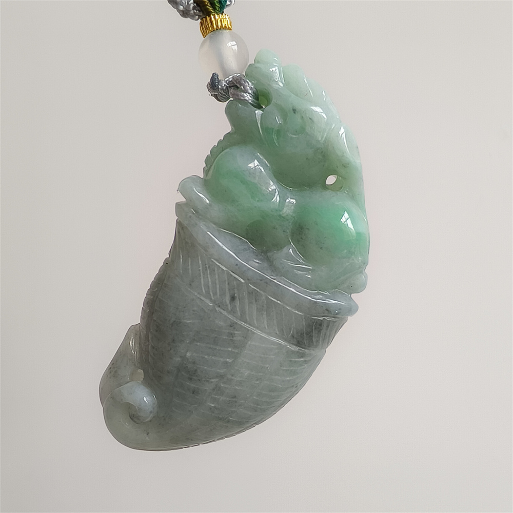 Unique Certificated Natural Type A Untreated 53X25X12mm Green Gray Burmese Jadeite Dragon Tooth Pendant With Qilin Carved,Amulet Pendant Necklace