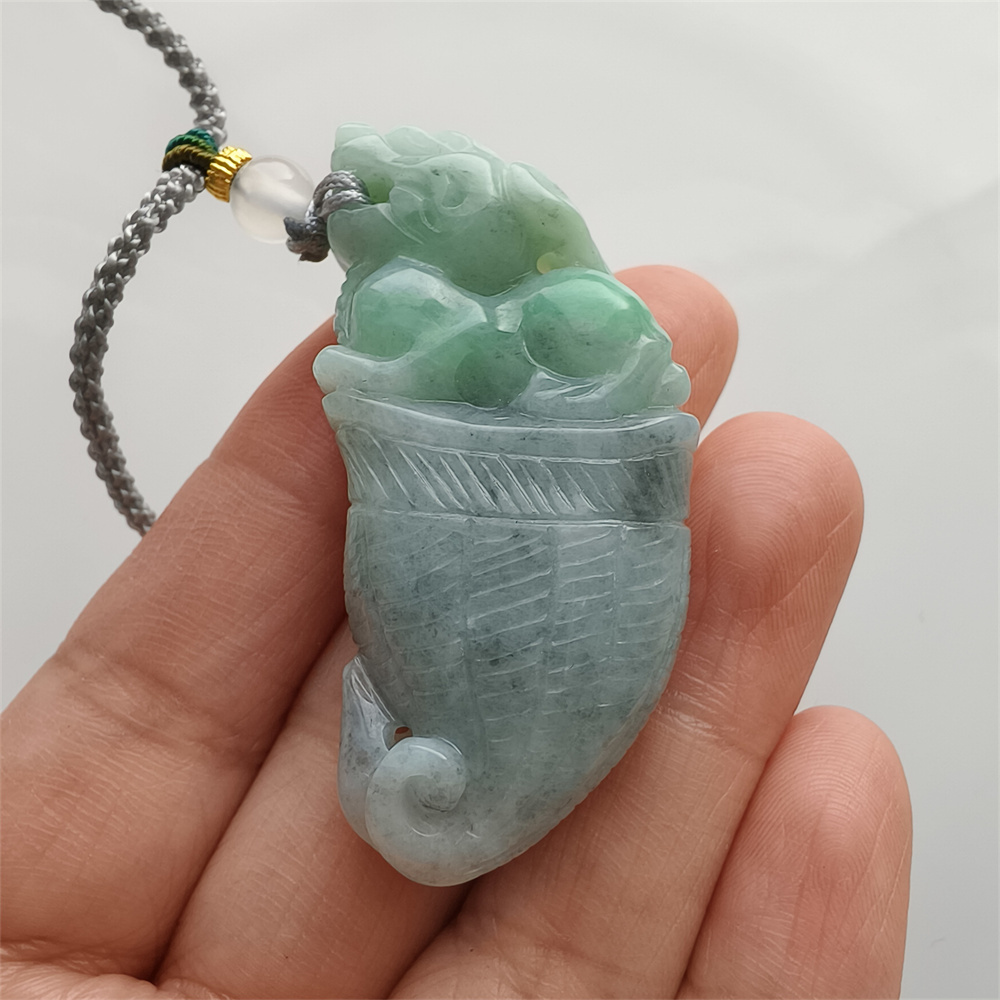 Unique Certificated Natural Type A Untreated 53X25X12mm Green Gray Burmese Jadeite Dragon Tooth Pendant With Qilin Carved,Amulet Pendant Necklace