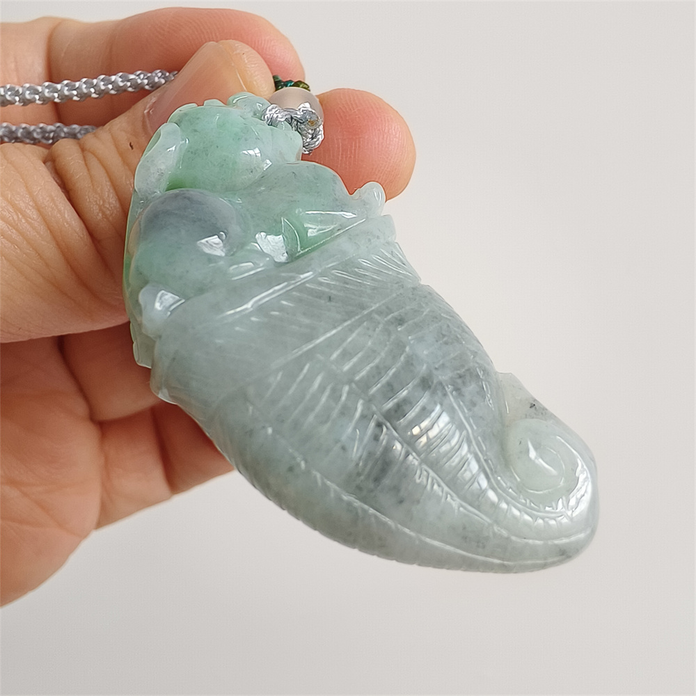 Unique Certificated Natural Type A Untreated 53X25X12mm Green Gray Burmese Jadeite Dragon Tooth Pendant With Qilin Carved,Amulet Pendant Necklace