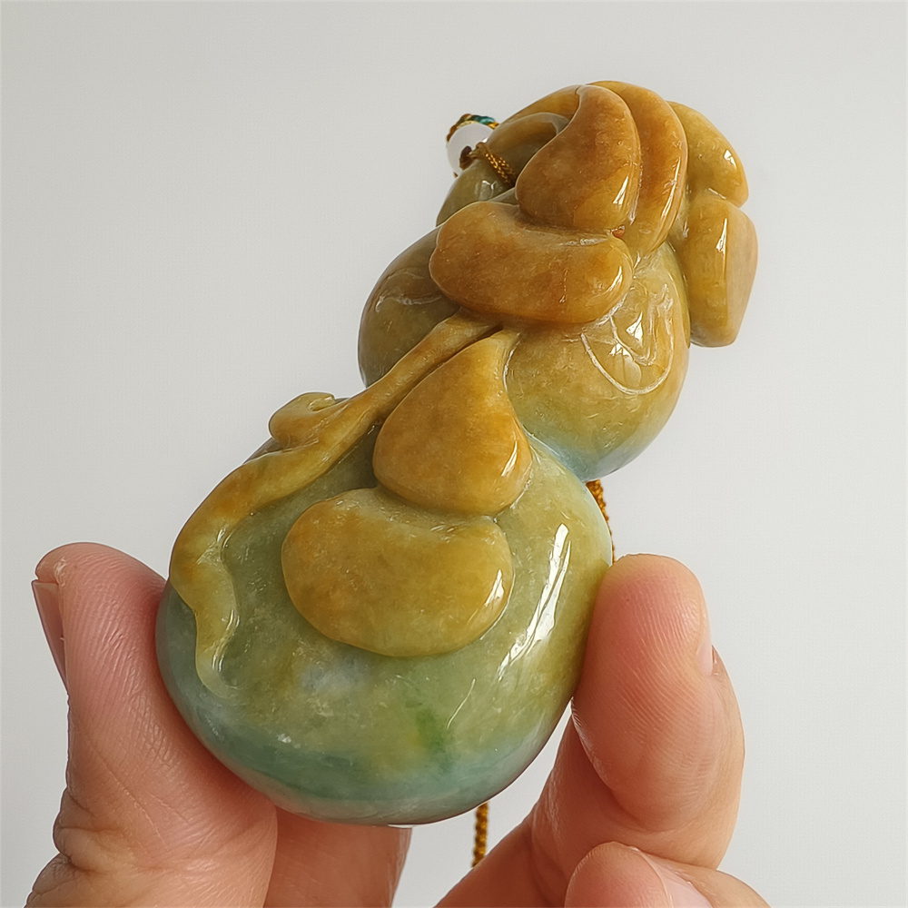 Unique Certificated Natural Hand Carved Yellow Color Heated 75X37X24mm Burmese Jadeite Gourd Pendant,Yellow Jadeite Pendant Necklace