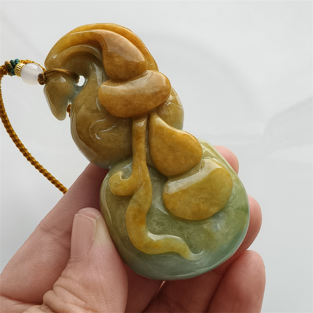 Unique Certificated Natural Hand Carved Yellow Color Heated 75X37X24mm Burmese Jadeite Gourd Pendant,Yellow Jadeite Pendant Necklace