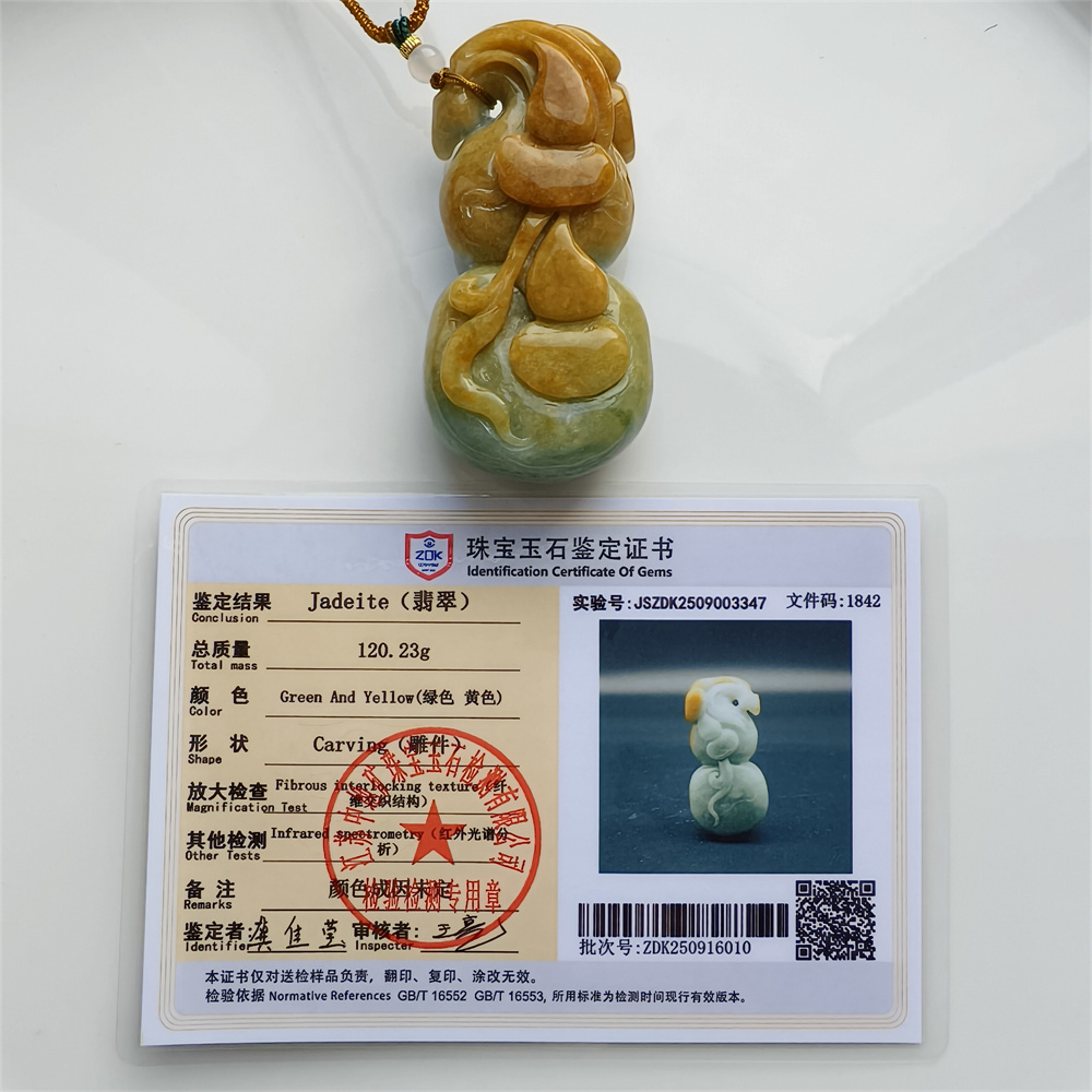 Unique Certificated Natural Hand Carved Yellow Color Heated 75X37X24mm Burmese Jadeite Gourd Pendant,Yellow Jadeite Pendant Necklace