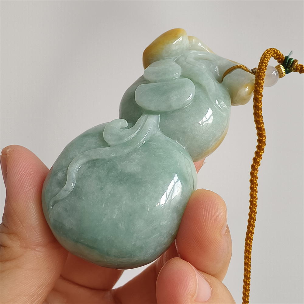 Unique Certificated Natural Hand Carved Yellow Color Heated 75X37X24mm Burmese Jadeite Gourd Pendant,Yellow Jadeite Pendant Necklace