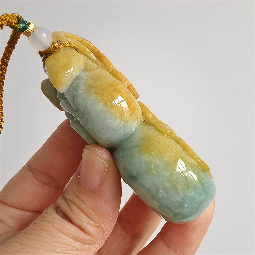 Unique Certificated Natural Hand Carved Yellow Color Heated 75X37X24mm Burmese Jadeite Gourd Pendant,Yellow Jadeite Pendant Necklace