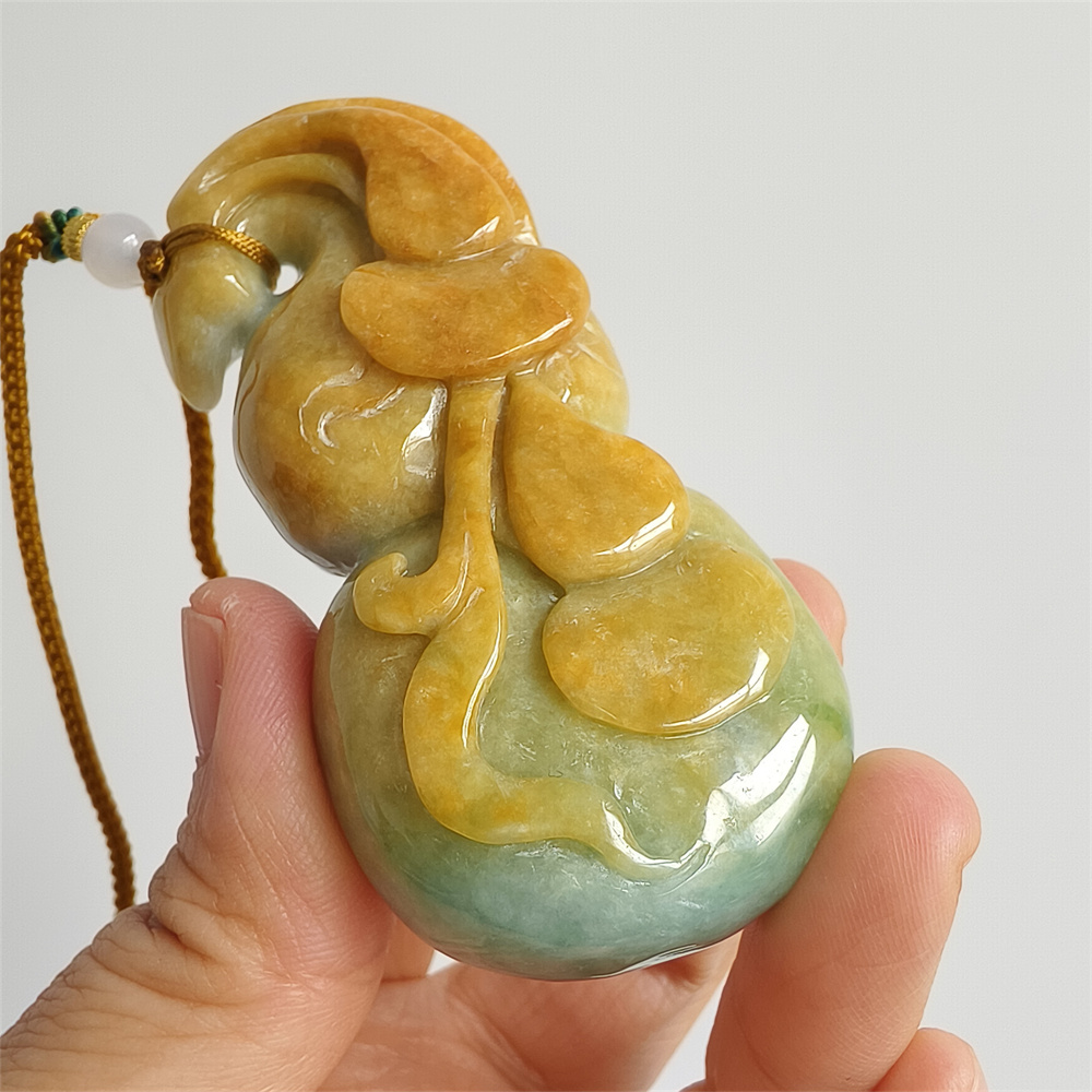 Unique Certificated Natural Hand Carved Yellow Color Heated 75X37X24mm Burmese Jadeite Gourd Pendant,Yellow Jadeite Pendant Necklace