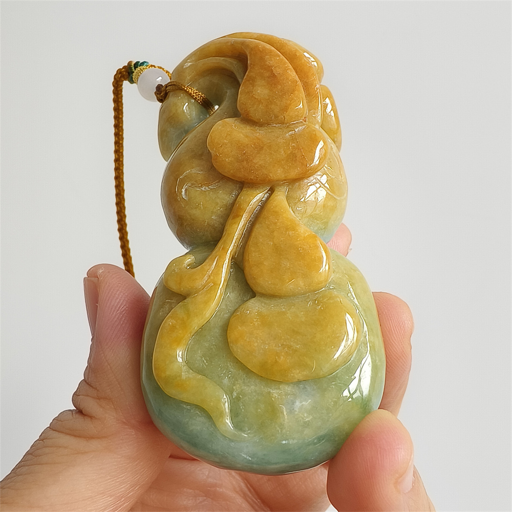 Unique Certificated Natural Hand Carved Yellow Color Heated 75X37X24mm Burmese Jadeite Gourd Pendant,Yellow Jadeite Pendant Necklace