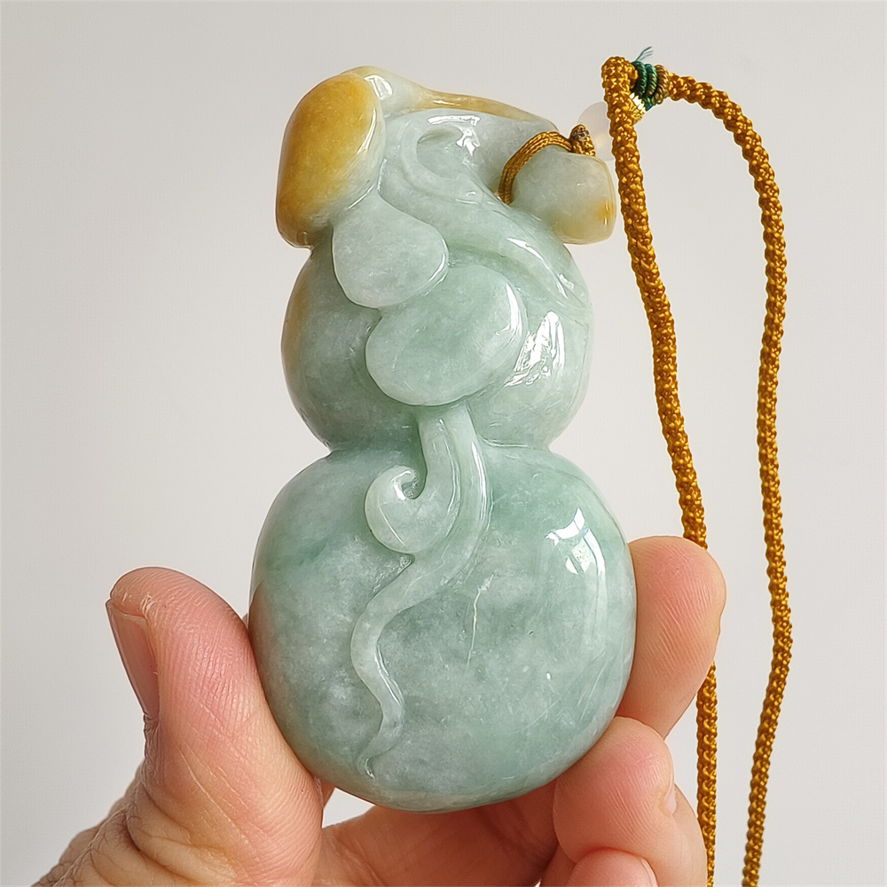 Unique Certificated Natural Hand Carved Yellow Color Heated 75X37X24mm Burmese Jadeite Gourd Pendant,Yellow Jadeite Pendant Necklace