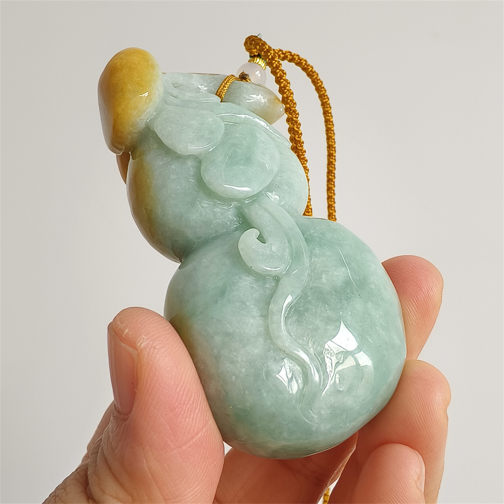 Unique Certificated Natural Hand Carved Yellow Color Heated 75X37X24mm Burmese Jadeite Gourd Pendant,Yellow Jadeite Pendant Necklace
