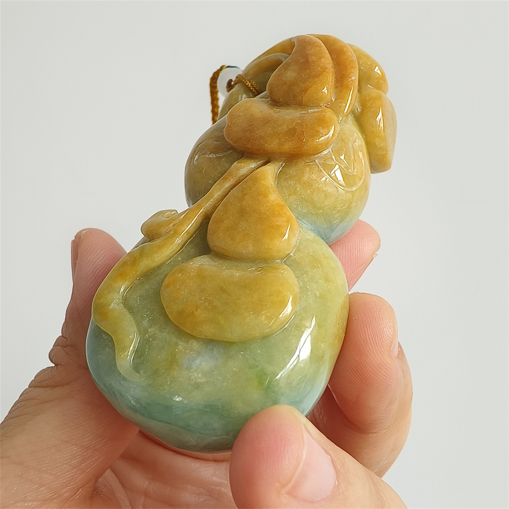 Unique Certificated Natural Hand Carved Yellow Color Heated 75X37X24mm Burmese Jadeite Gourd Pendant,Yellow Jadeite Pendant Necklace