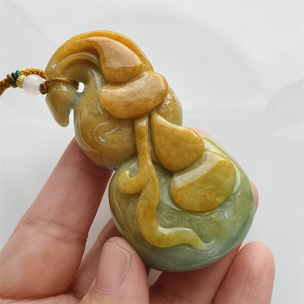 Unique Certificated Natural Hand Carved Yellow Color Heated 75X37X24mm Burmese Jadeite Gourd Pendant,Yellow Jadeite Pendant Necklace