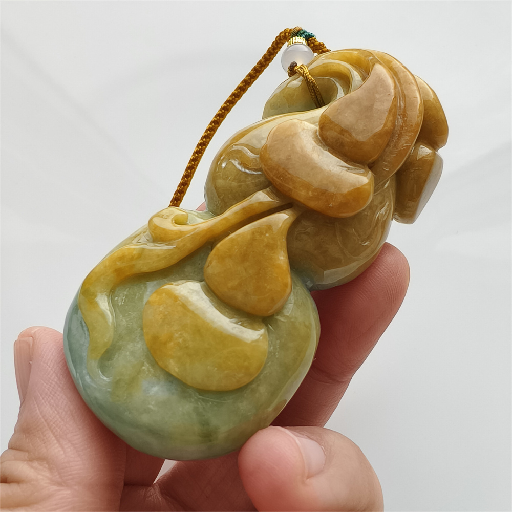 Unique Certificated Natural Hand Carved Yellow Color Heated 75X37X24mm Burmese Jadeite Gourd Pendant,Yellow Jadeite Pendant Necklace
