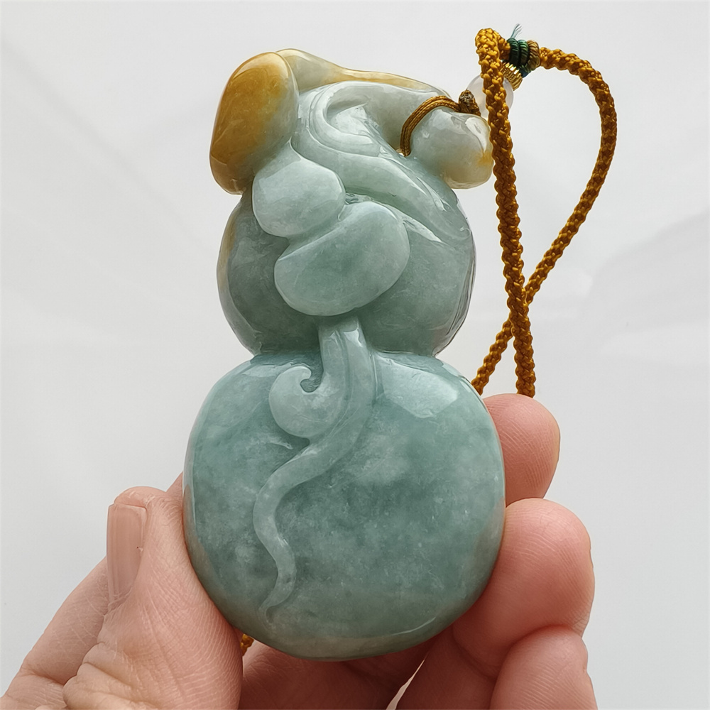Unique Certificated Natural Hand Carved Yellow Color Heated 75X37X24mm Burmese Jadeite Gourd Pendant,Yellow Jadeite Pendant Necklace