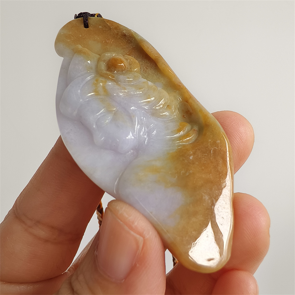 Unique Certificated Natural Hand Carved Yellow Color Heated 64X31X7mm Burmese Jadeite Irregular Pendant With Beauty's Head Carved,Yellow White Jadeite Pendant Necklace