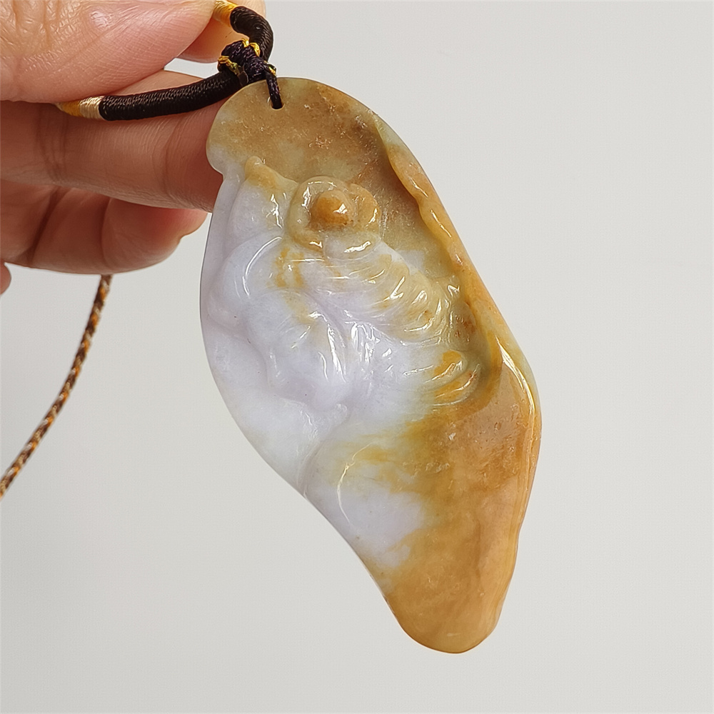 Unique Certificated Natural Hand Carved Yellow Color Heated 64X31X7mm Burmese Jadeite Irregular Pendant With Beauty's Head Carved,Yellow White Jadeite Pendant Necklace