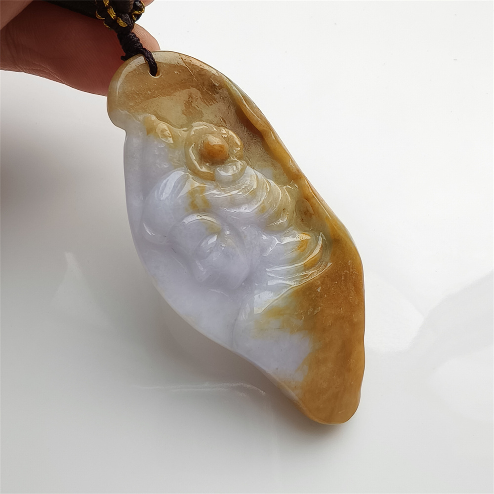 Unique Certificated Natural Hand Carved Yellow Color Heated 64X31X7mm Burmese Jadeite Irregular Pendant With Beauty's Head Carved,Yellow White Jadeite Pendant Necklace