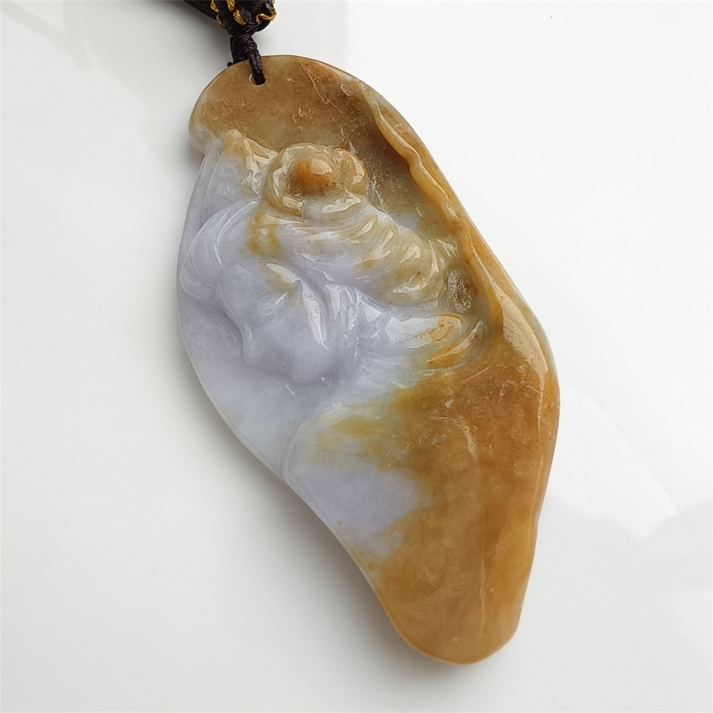 Unique Certificated Natural Hand Carved Yellow Color Heated 64X31X7mm Burmese Jadeite Irregular Pendant With Beauty's Head Carved,Yellow White Jadeite Pendant Necklace