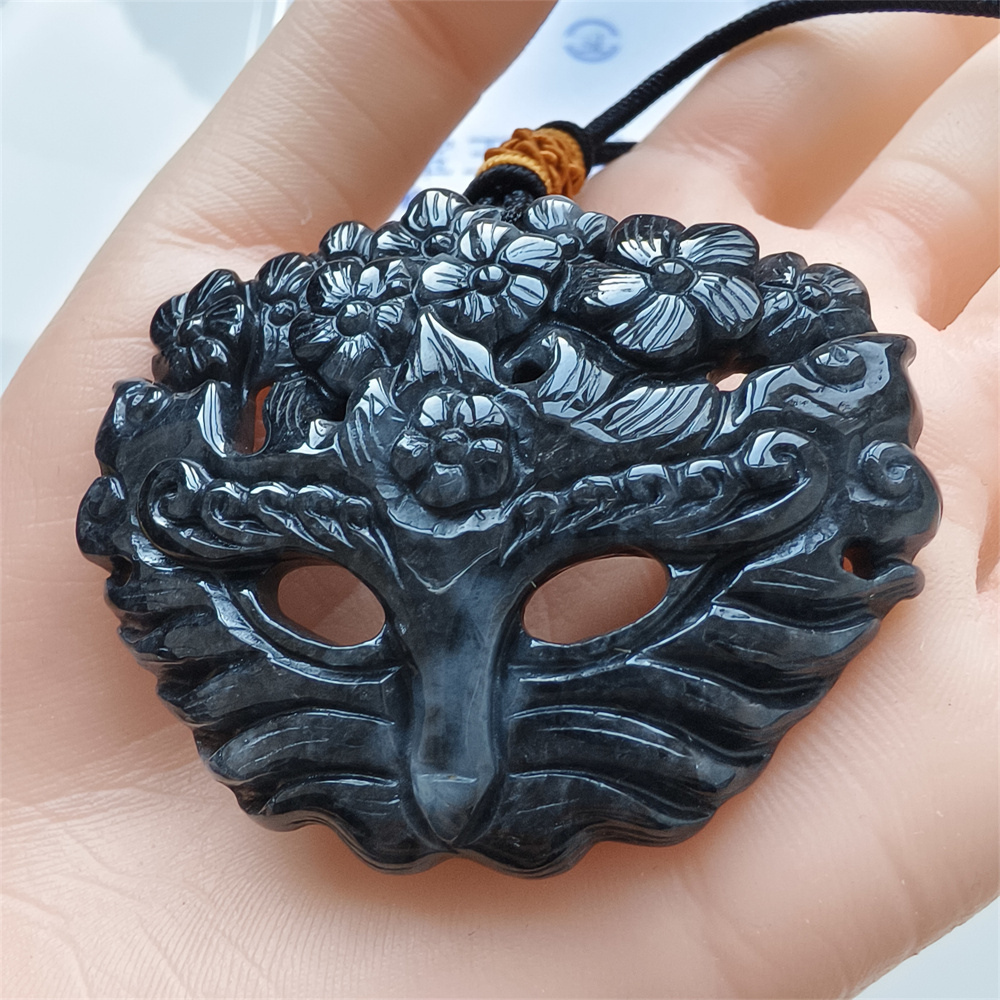 Natural Certificated Type A Untreated 43X55X8mm Black Chicken Species Burmese Jadeite Fox Mask Pendant Necklace,Myanmar Jadeite Pendant Necklace