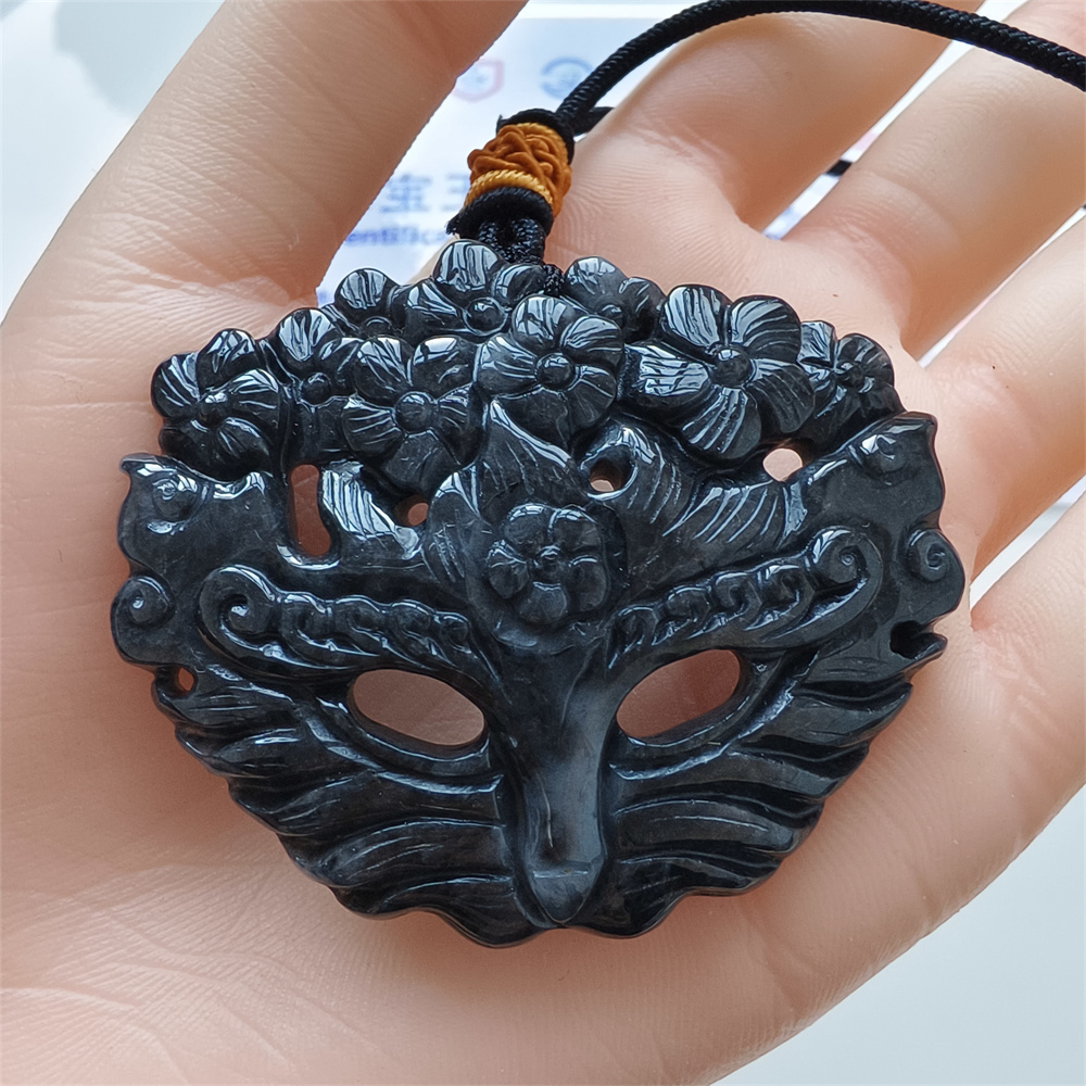 Natural Certificated Type A Untreated 43X55X8mm Black Chicken Species Burmese Jadeite Fox Mask Pendant Necklace,Myanmar Jadeite Pendant Necklace