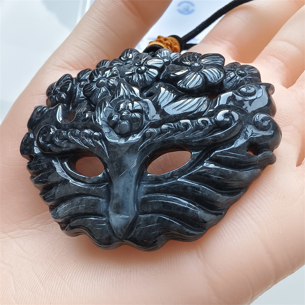 Natural Certificated Type A Untreated 43X55X8mm Black Chicken Species Burmese Jadeite Fox Mask Pendant Necklace,Myanmar Jadeite Pendant Necklace